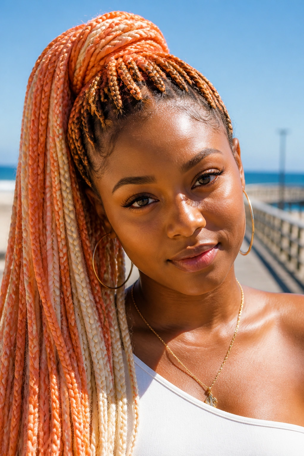 Woman with peach and cream box braids in high ponytail
