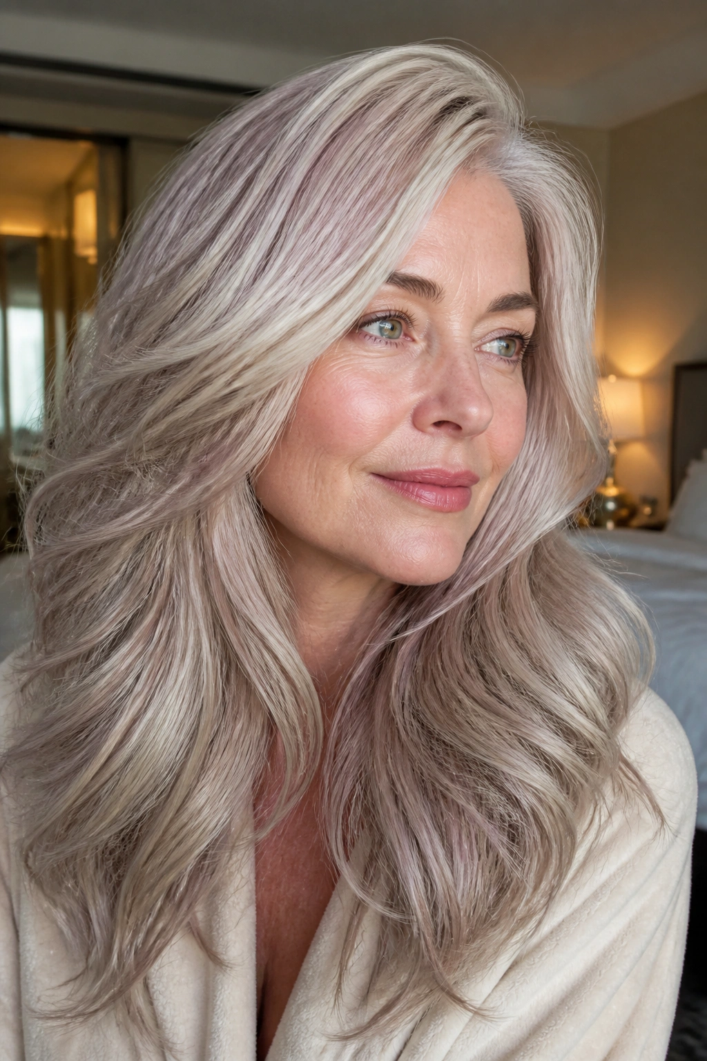 Close-up of a real person with oyster gray hair in a softly lit elegant room