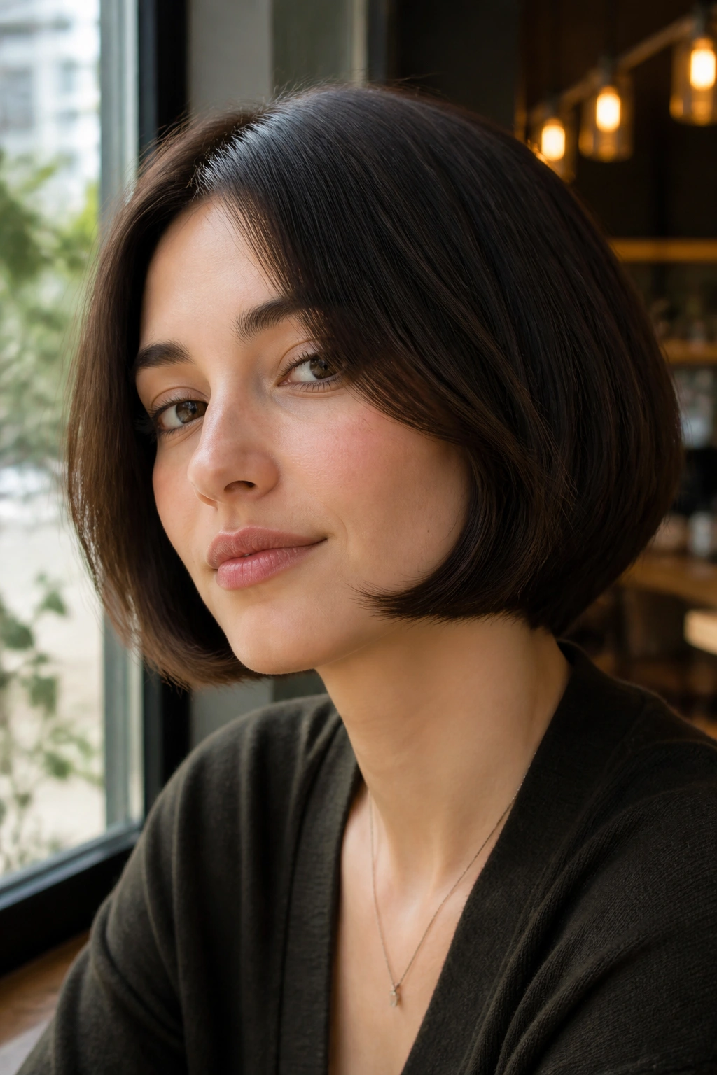 Close-up of real person with pageboy haircut, window light