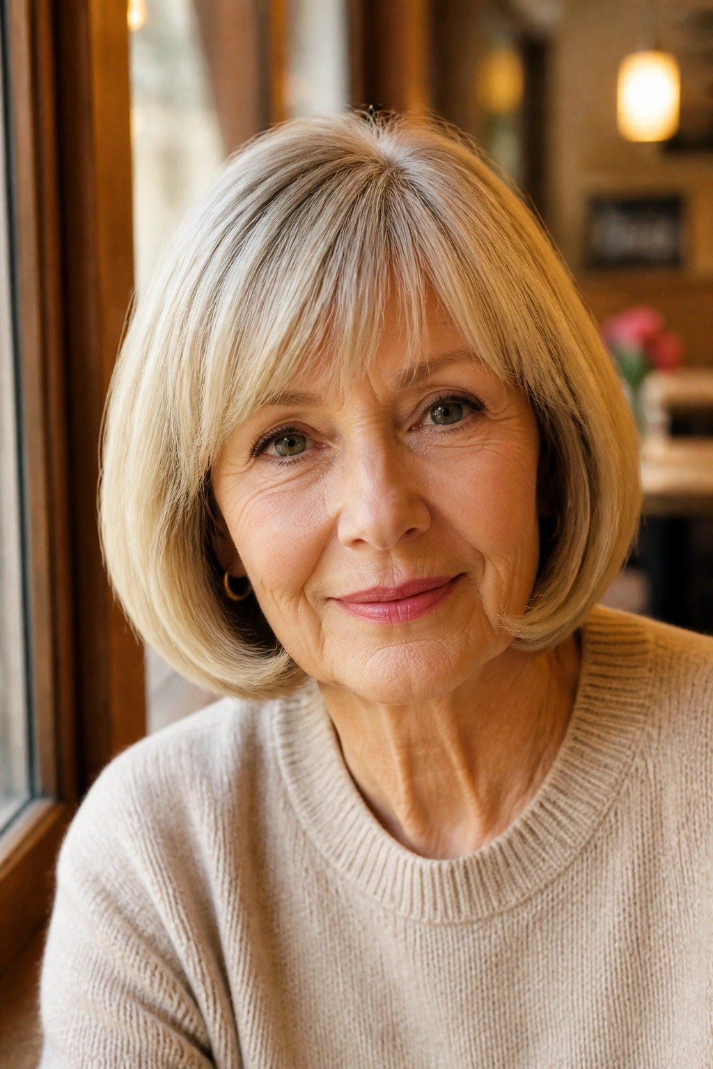 Real woman with shoulder-length pageboy hairstyle.