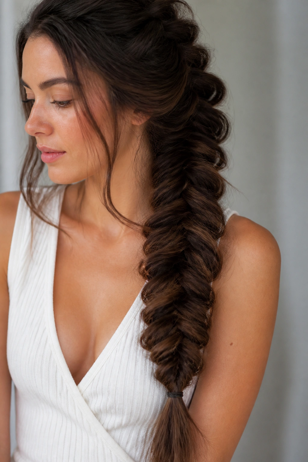 Close-up of a woman with a wide pancake fishtail braid