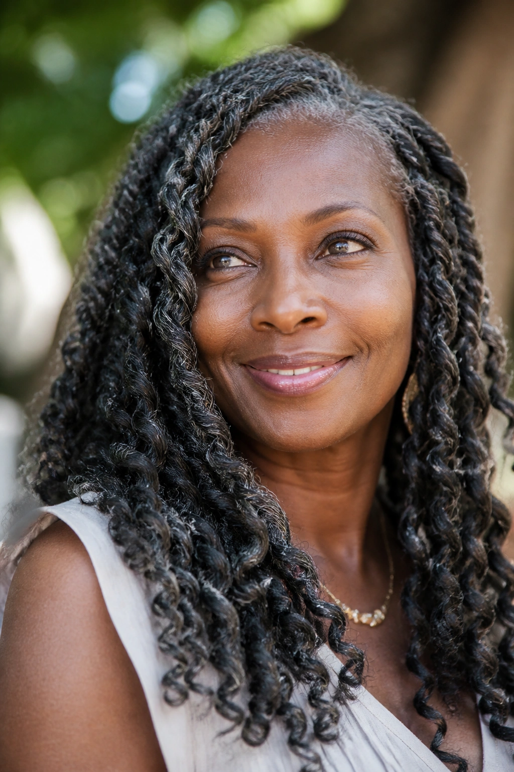 Real woman wearing Passion Twists with bohemian vibe and gray hair peeking through