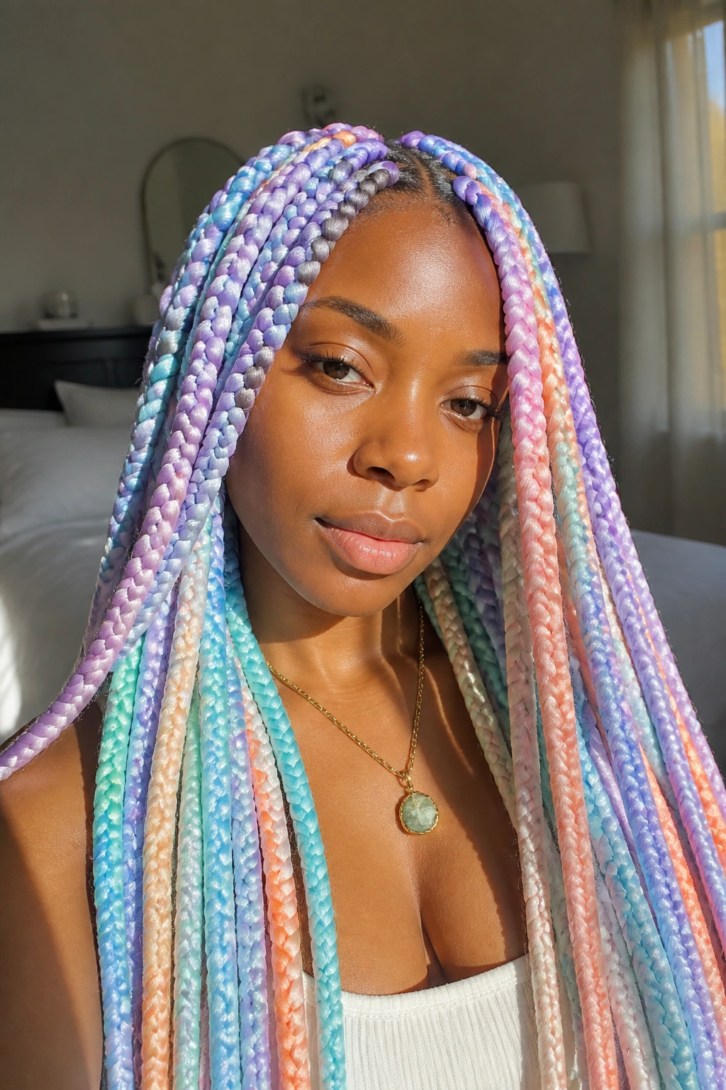 Close-up of a real woman with pastel unicorn palette braids in a sunlit bedroom.