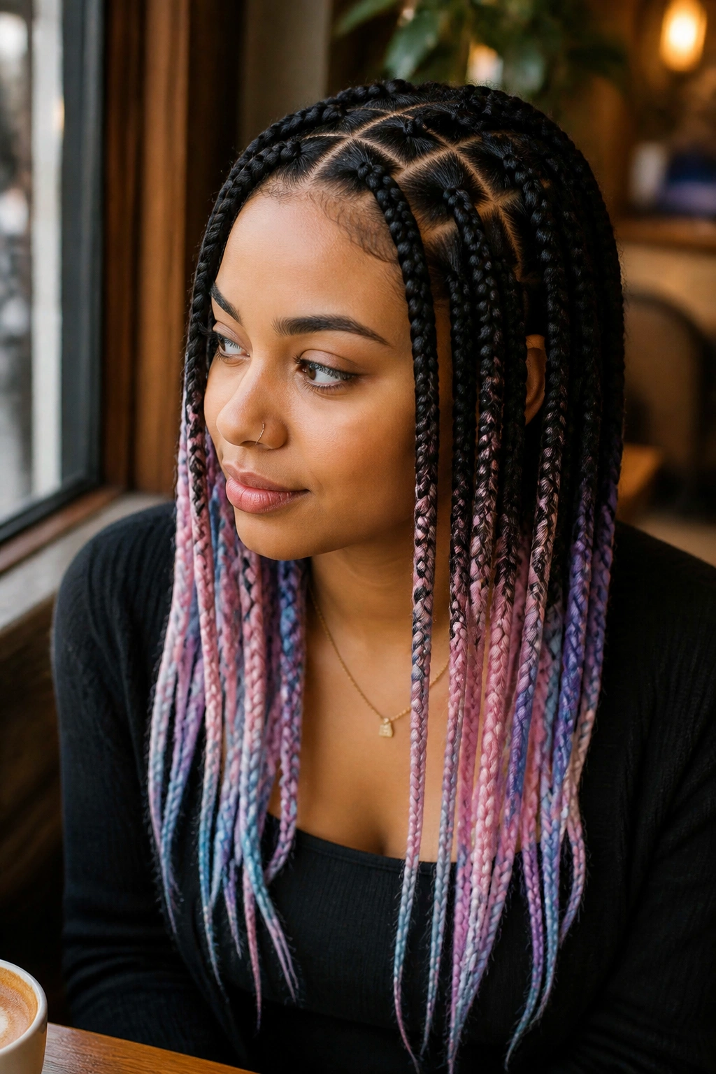 Close-up of pastel-tipped square braids on a real person