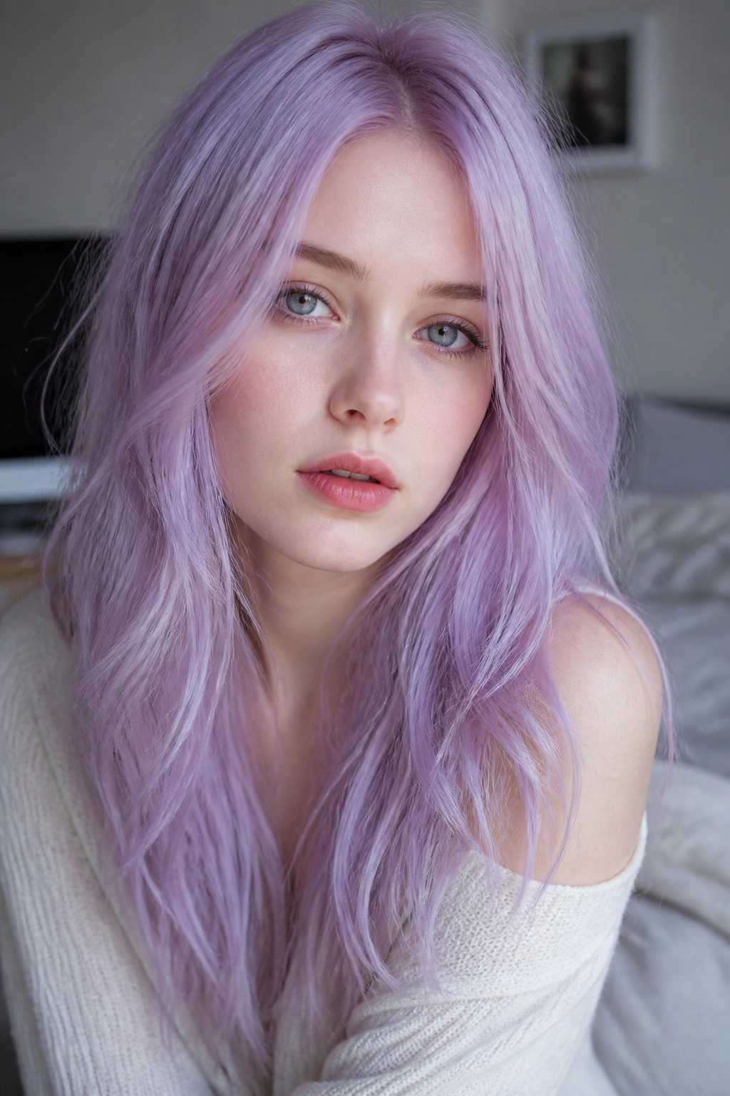 Close-up of pale-skinned woman with pastel lavender hair in soft light
