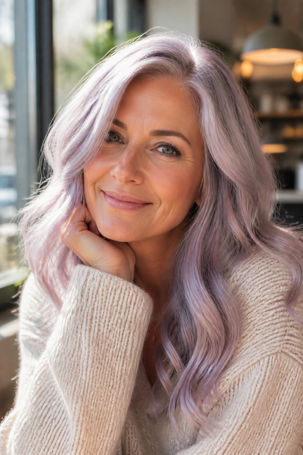 Close-up of a real person with pastel lavender silver hair by a sunny window