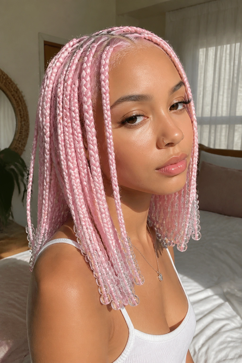 Close-up pastel pink knotless braids with clear acrylic beads on real person