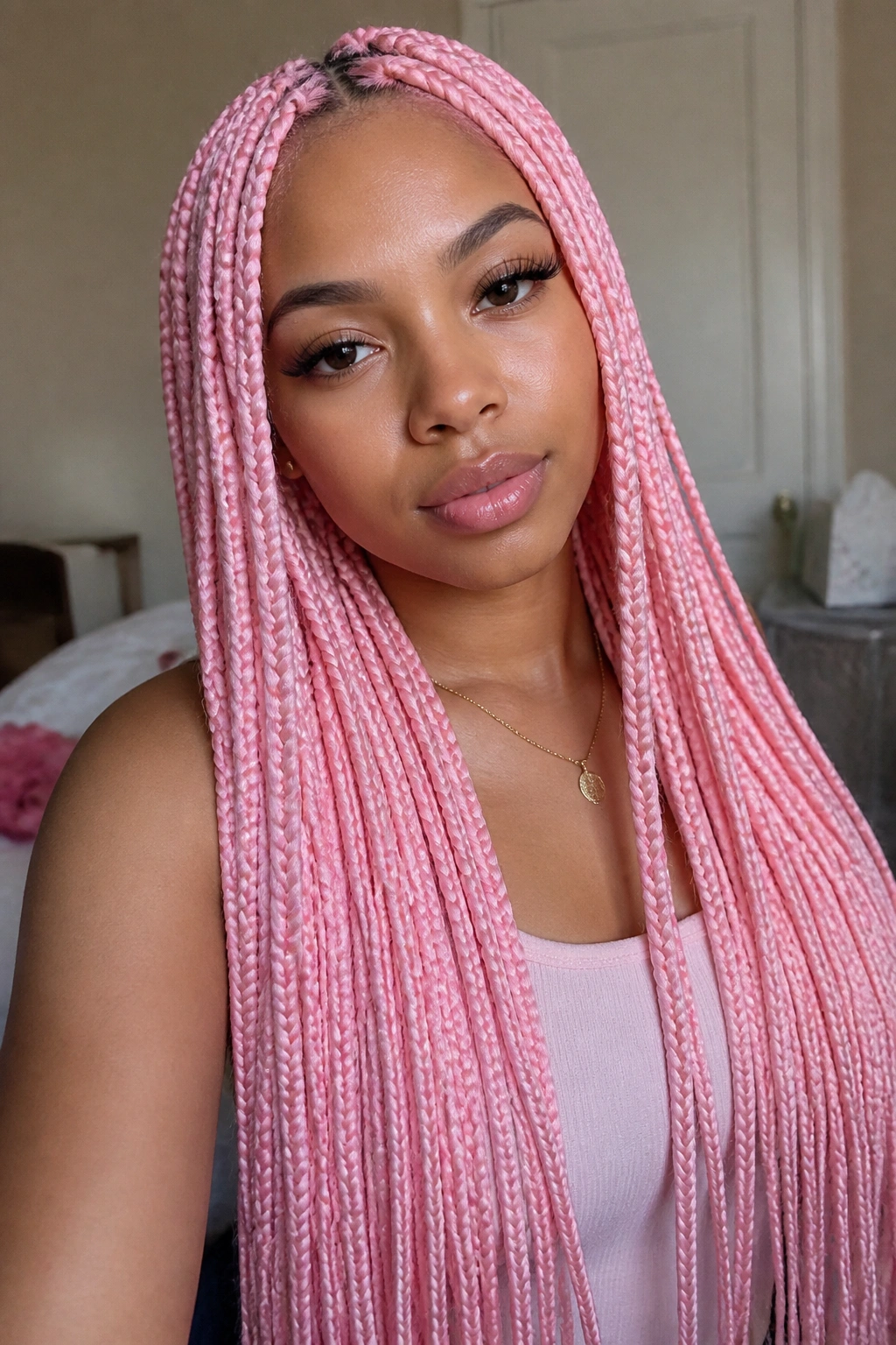 Close-up portrait of a real woman with pastel pink extra-long box braids in natural light.