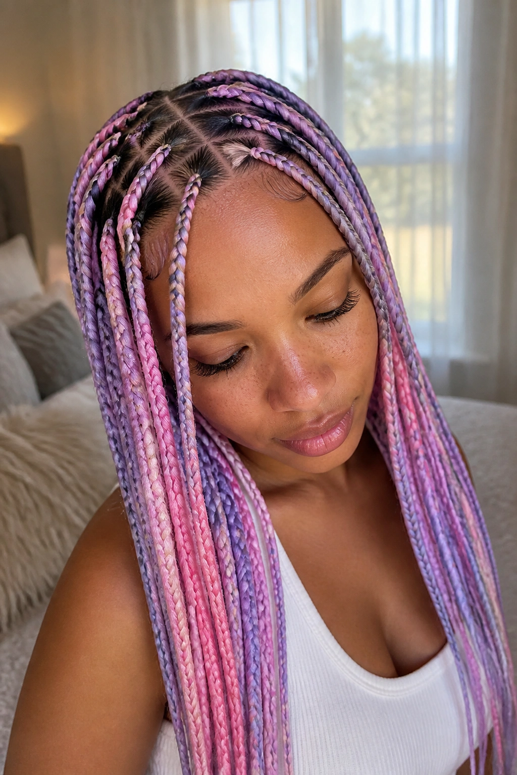 Close-up of pastel pink and lavender triangle-part knotless braids on a real person.