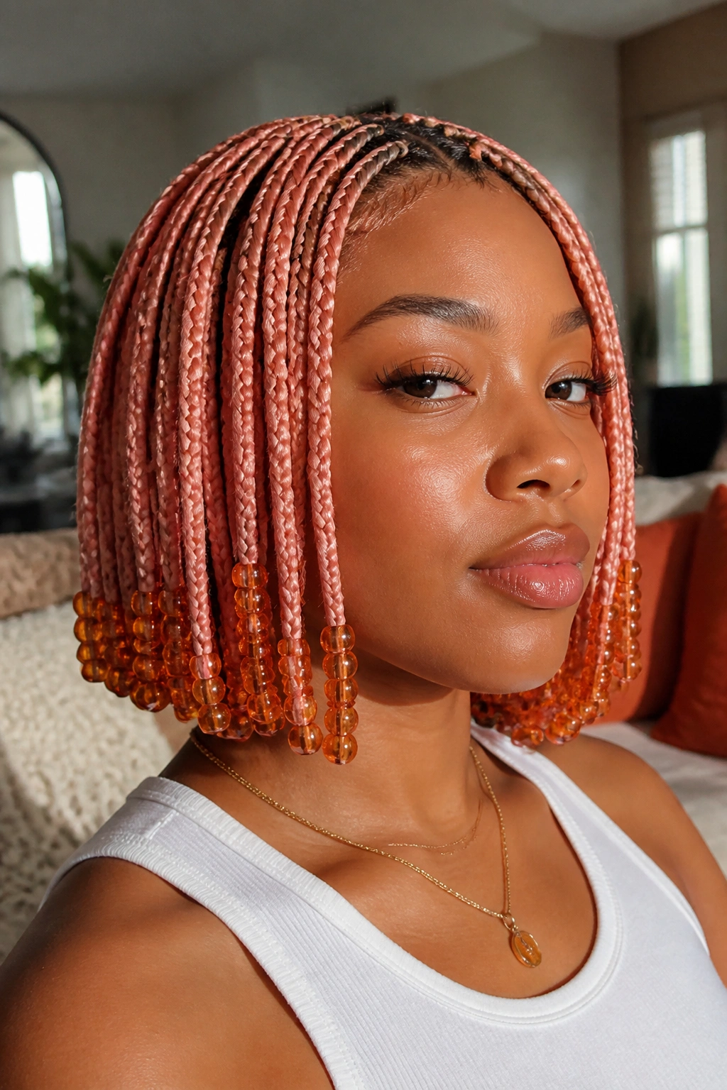 Close-up of a woman with a peachy pink knotless bob and amber resin beads at the ends