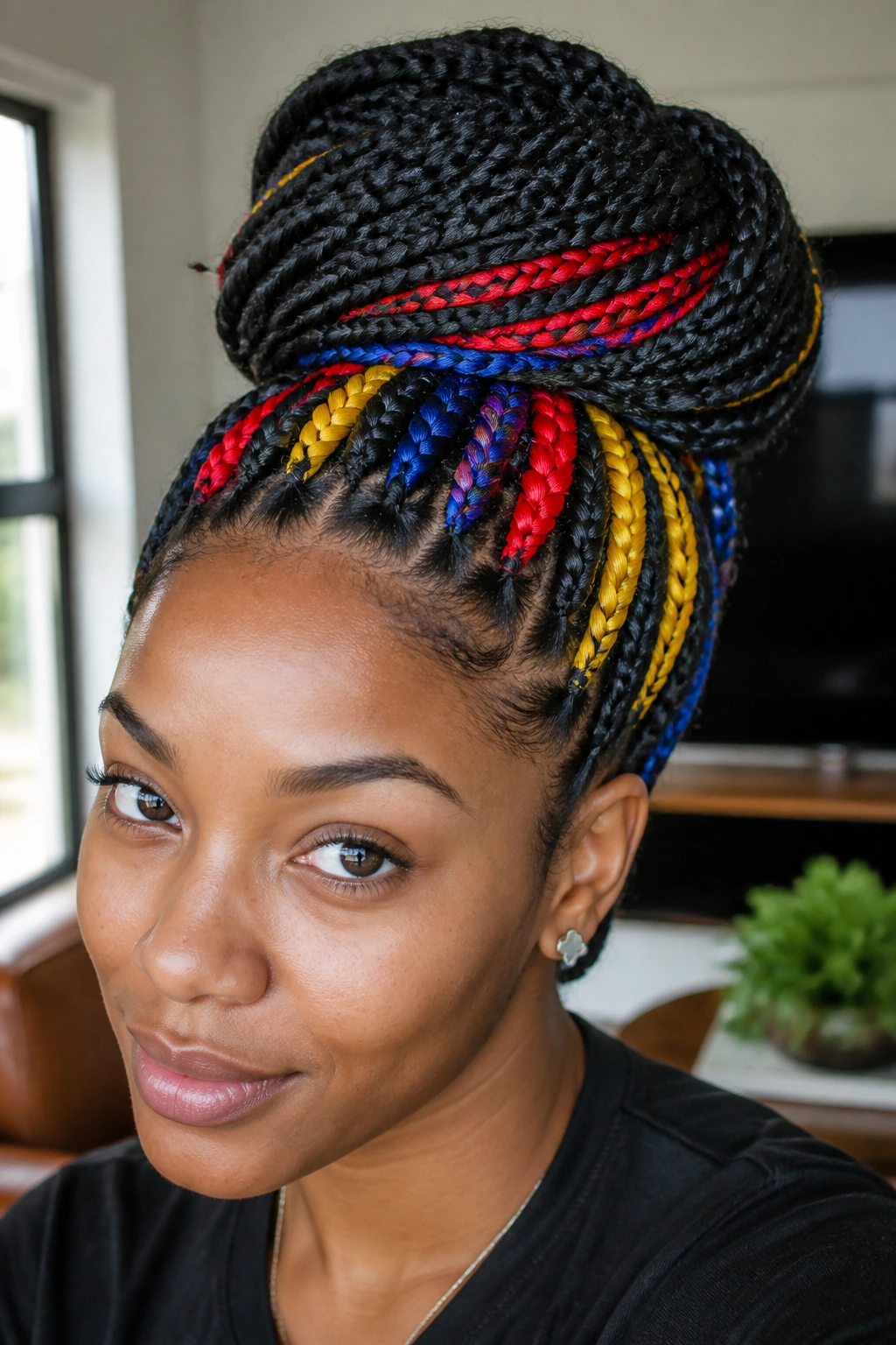 Close-up of a real woman with peek-a-boo primary color braids revealed in a high bun.