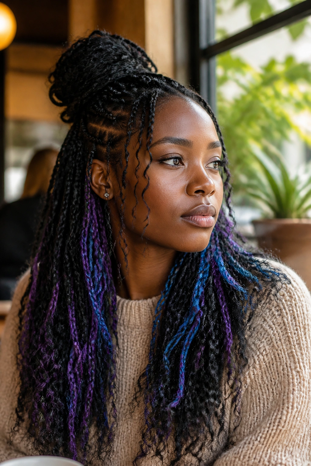 Real woman with peek-a-boo color boho braids seen under layers