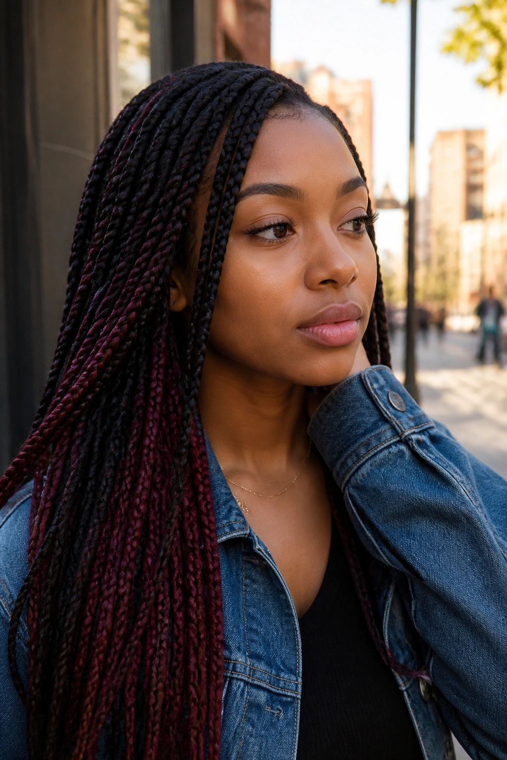 Knotless braids with peek-a-boo color under the top layer on a real person.