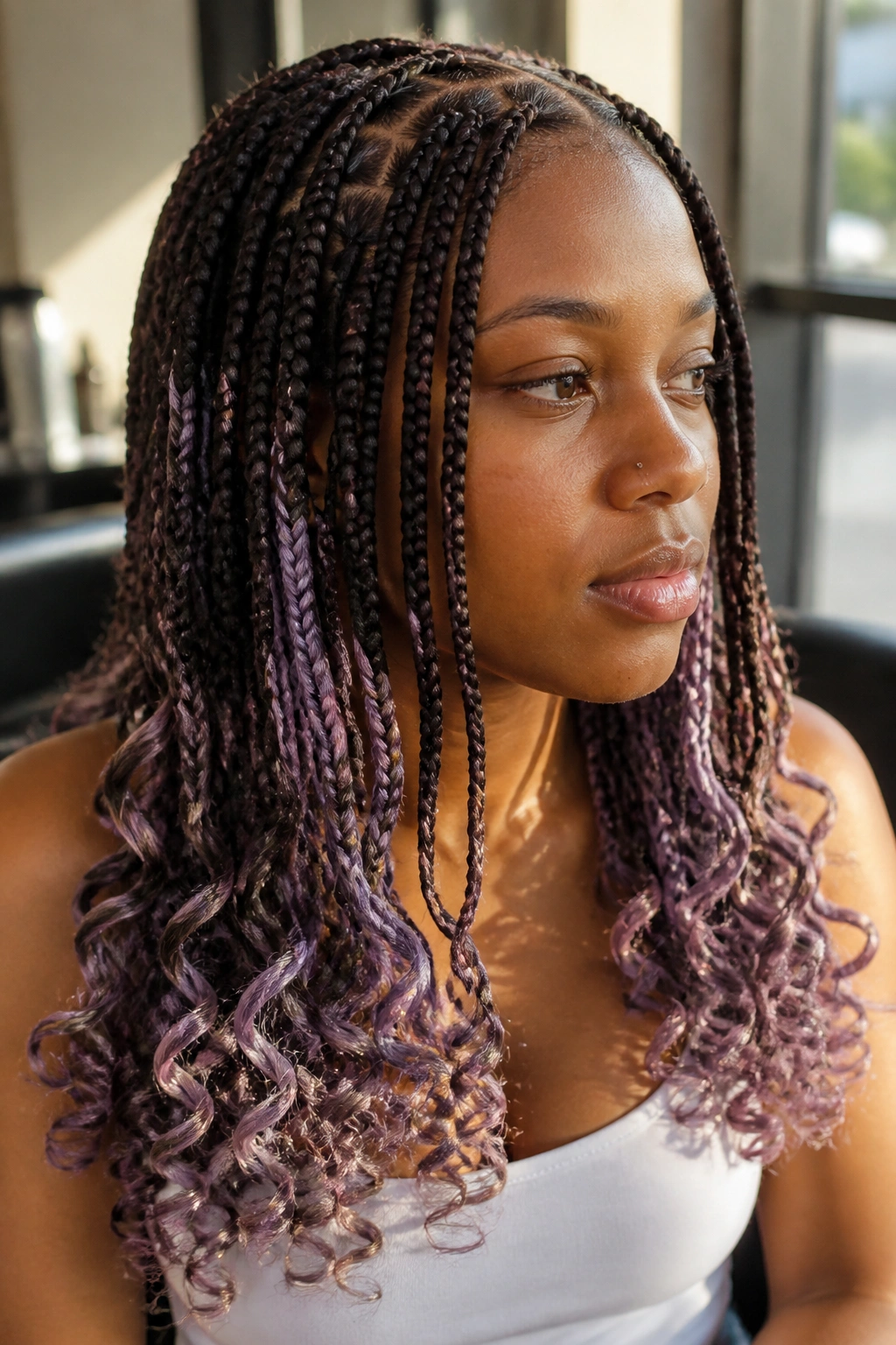 Close-up of a real woman with lavender peekaboo curls in knotless braids.