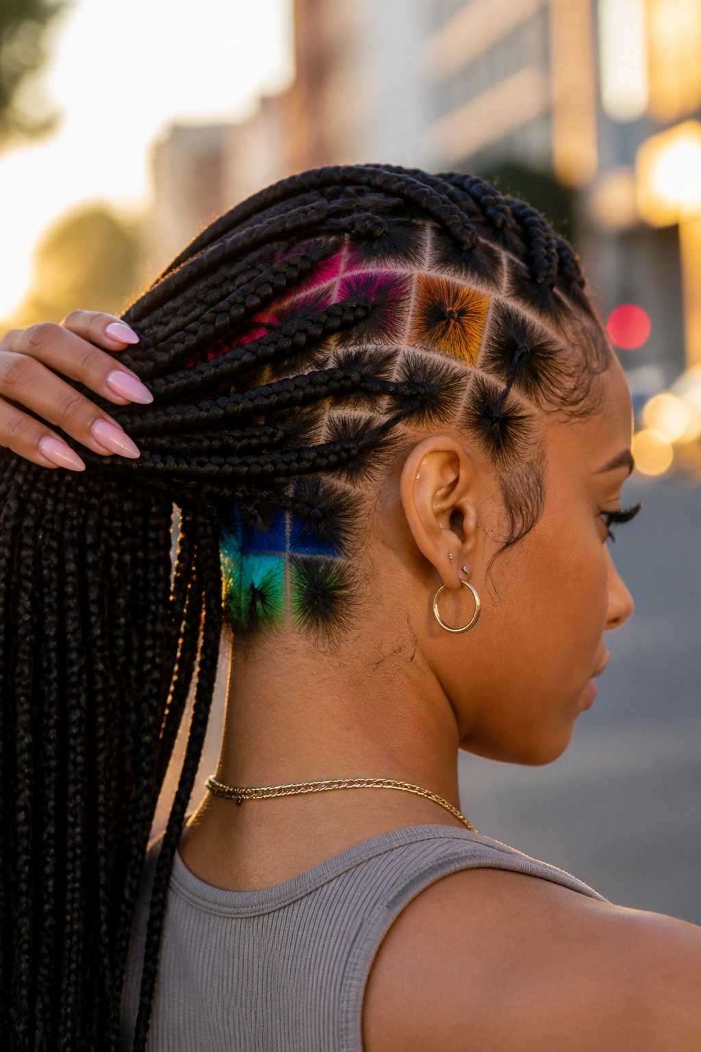 Close-up of a real woman showing peek-a-boo color squares beneath natural braids