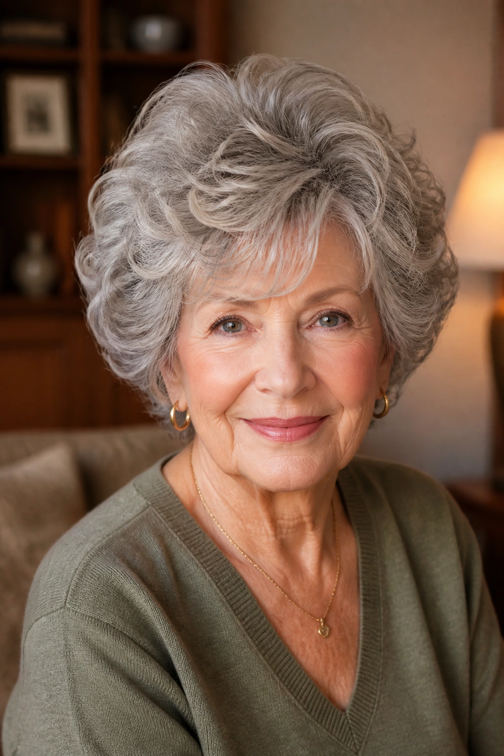 Older woman with petal-cut curls in fluffy rounded shape