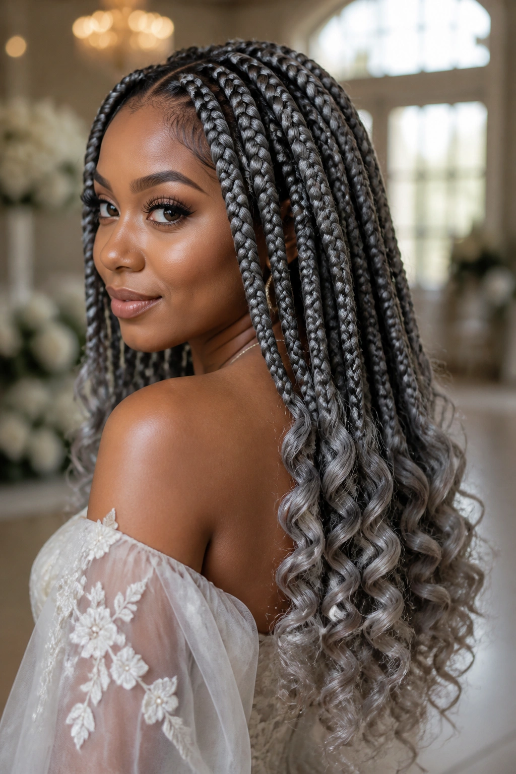 Close-up of a real woman with pewter grey jumbo braids ending in curly boho curls