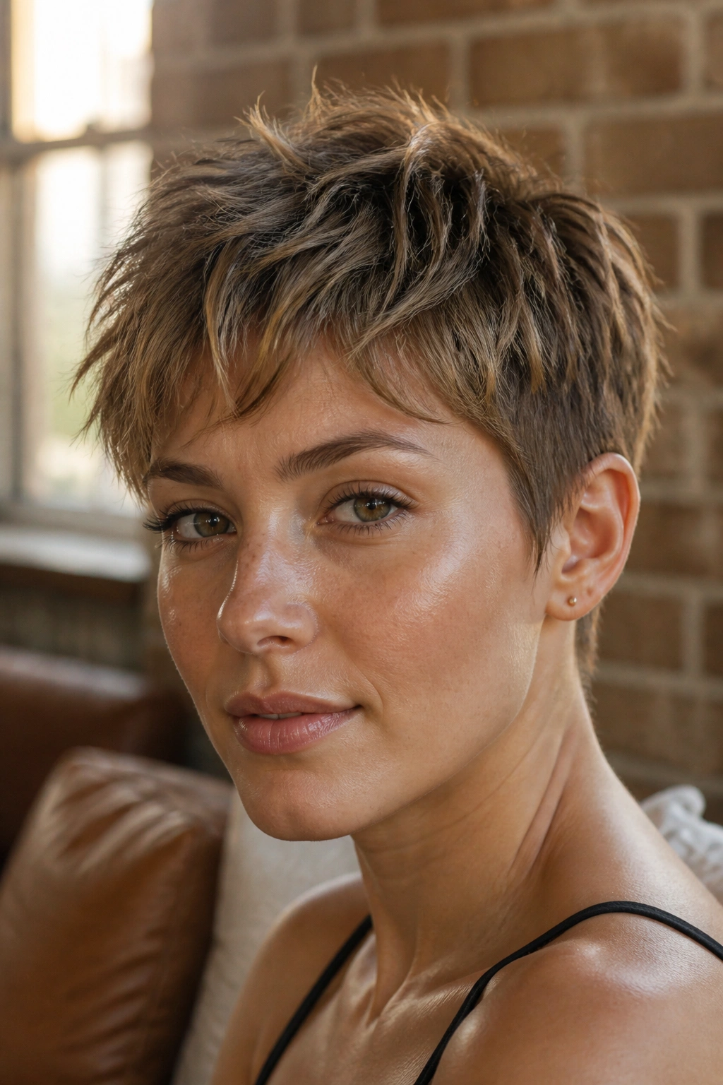 Close-up of real woman with piecey crop, textured strands in warm window light