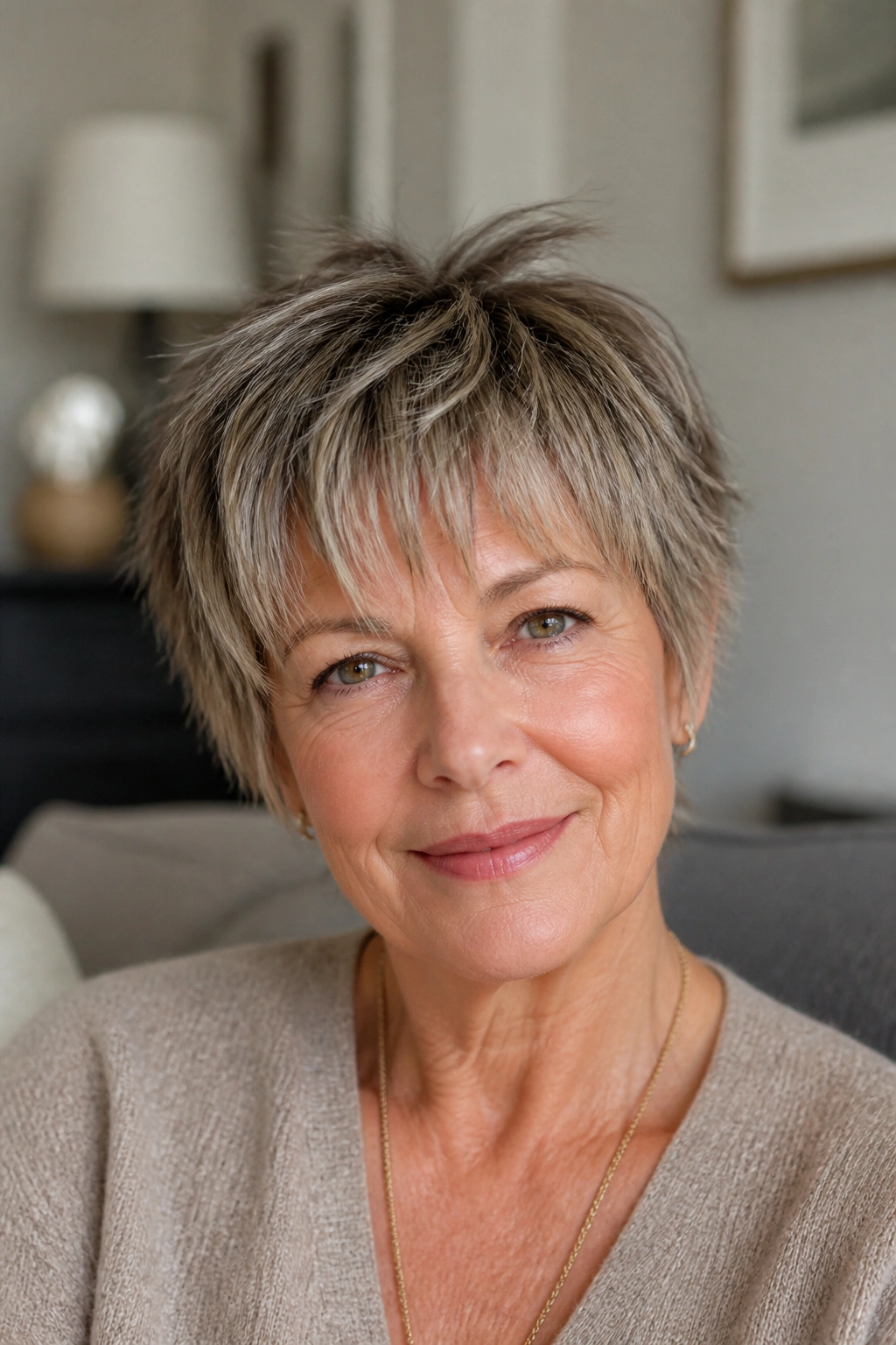 Close-up of a real woman with a piecey cut and choppy bangs for a modern, airy look.