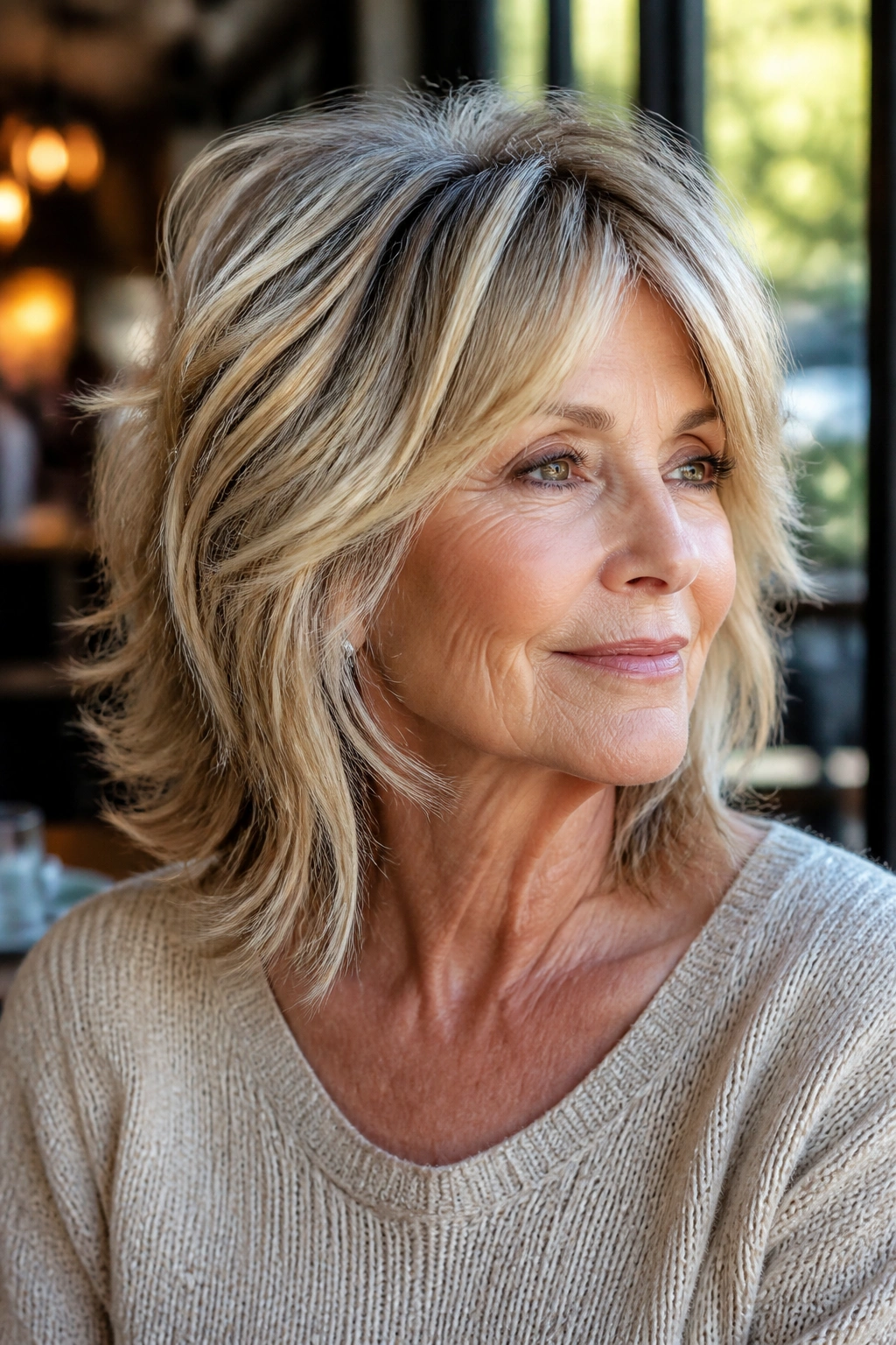Close-up of a woman with piecey layered hair and highlights