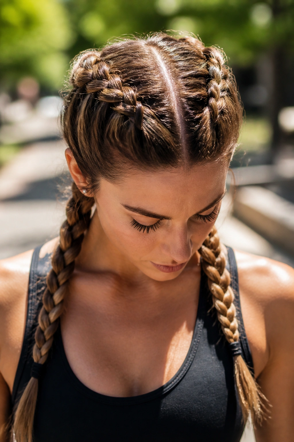 Close-up of a woman with two Dutch braids in pigtails