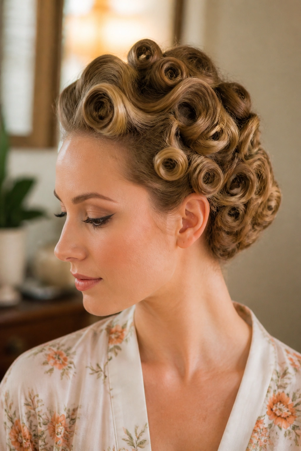Real woman with pin-curl faux updo and pinned curls.