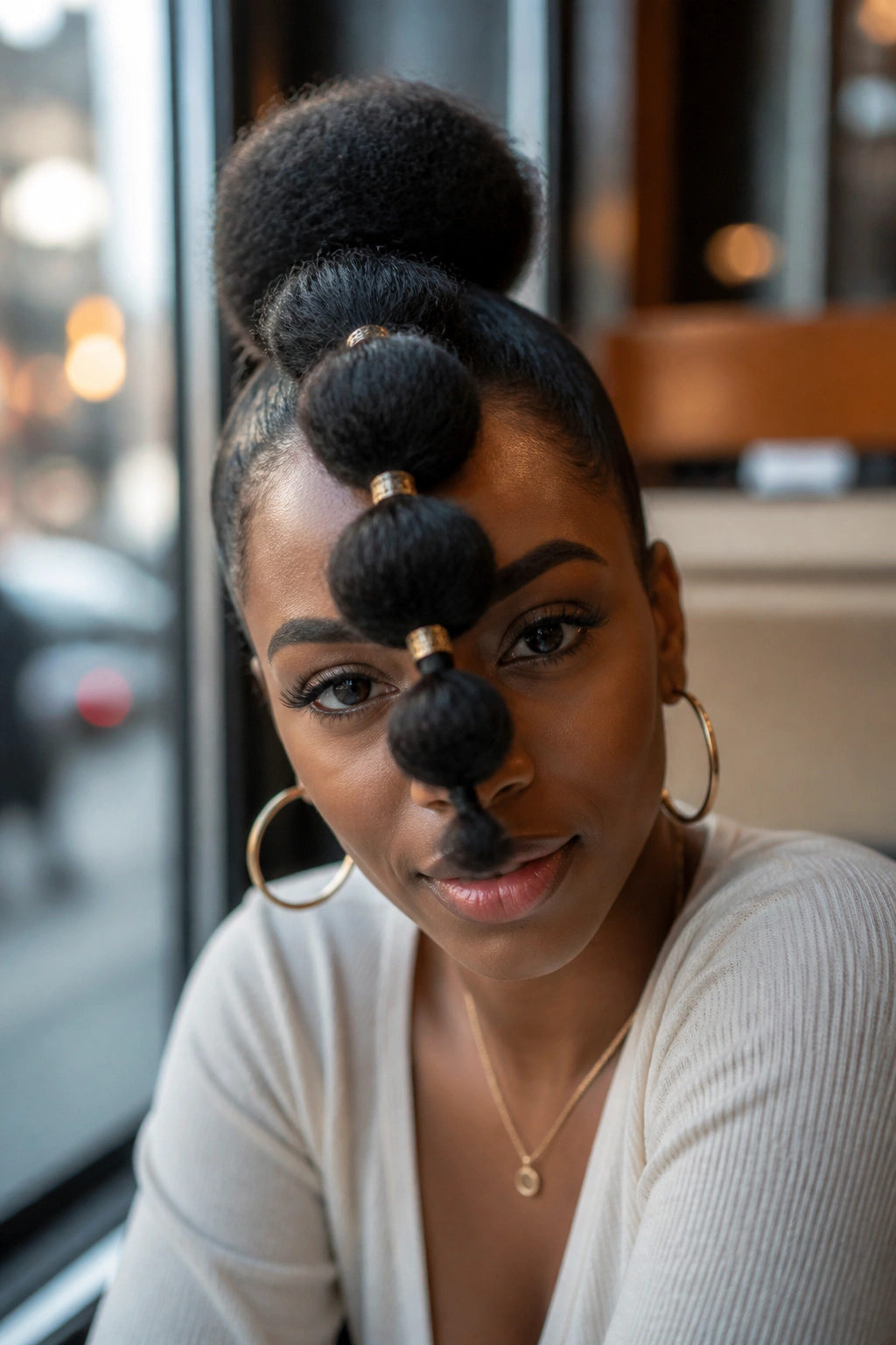 Front waterfall of bubbles forming pineapple ponytail over face