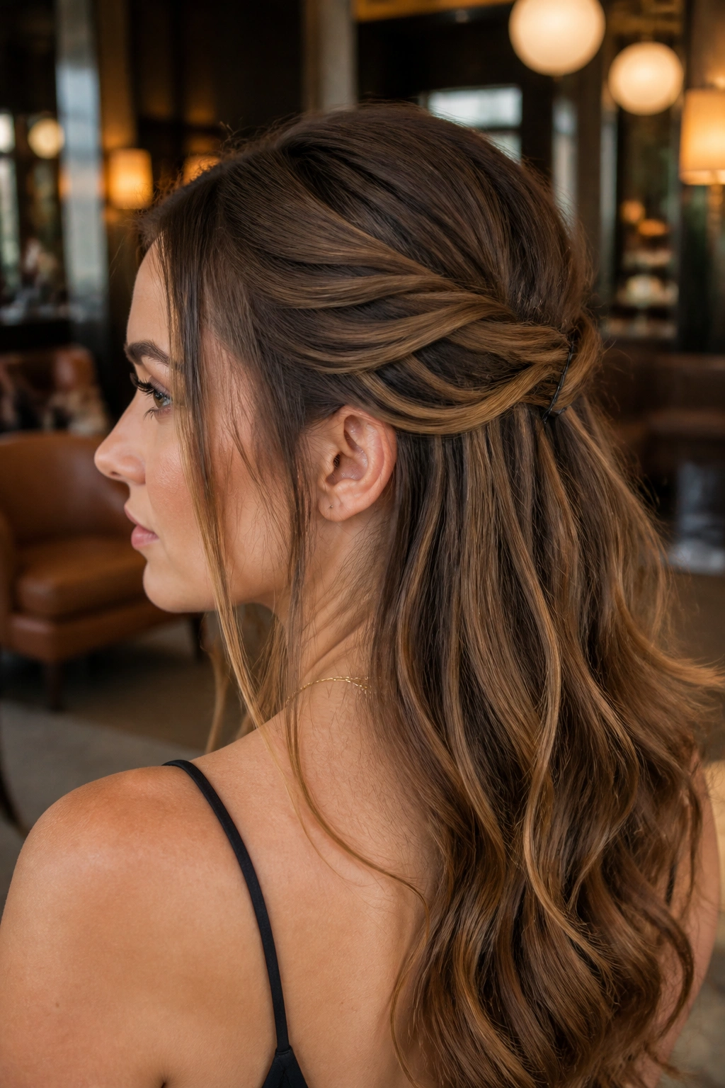 Close-up of a real woman with criss-crossed pinned-back lattice at the back