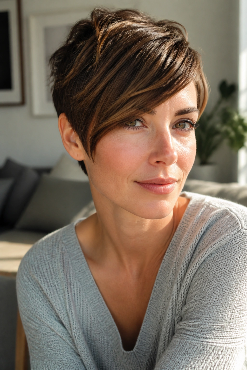 Real woman with pixie cut and long side-swept bangs in sunlit room