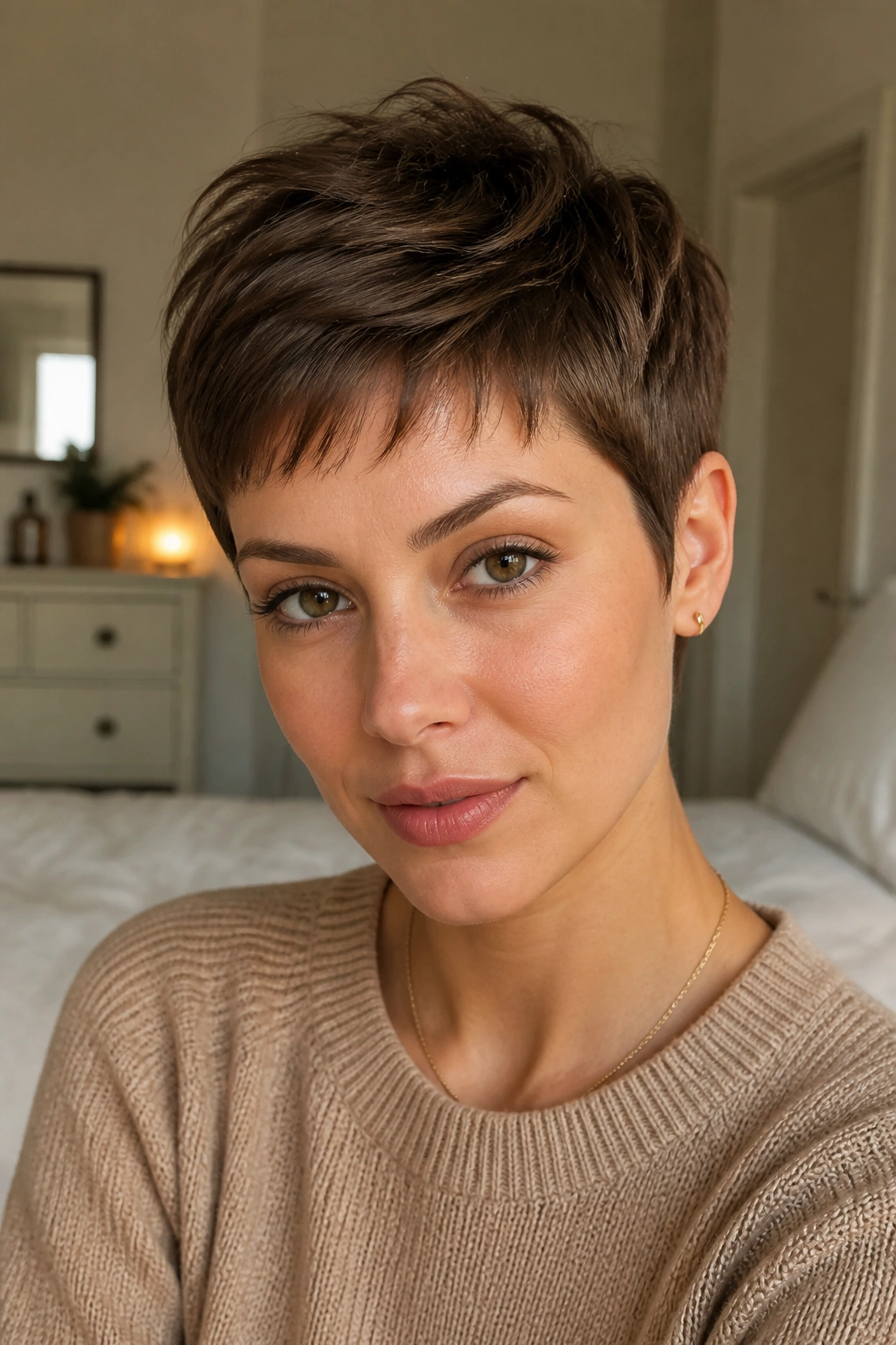 Close-up portrait of a real woman with a classic pixie cut in window light