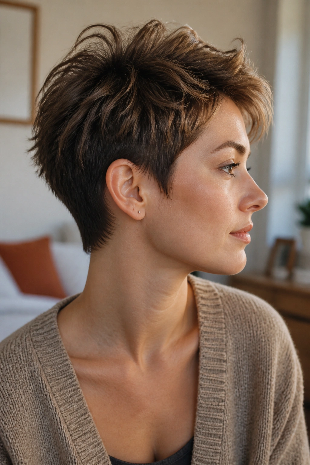 Portrait of a person with pixie grow-out hairstyle