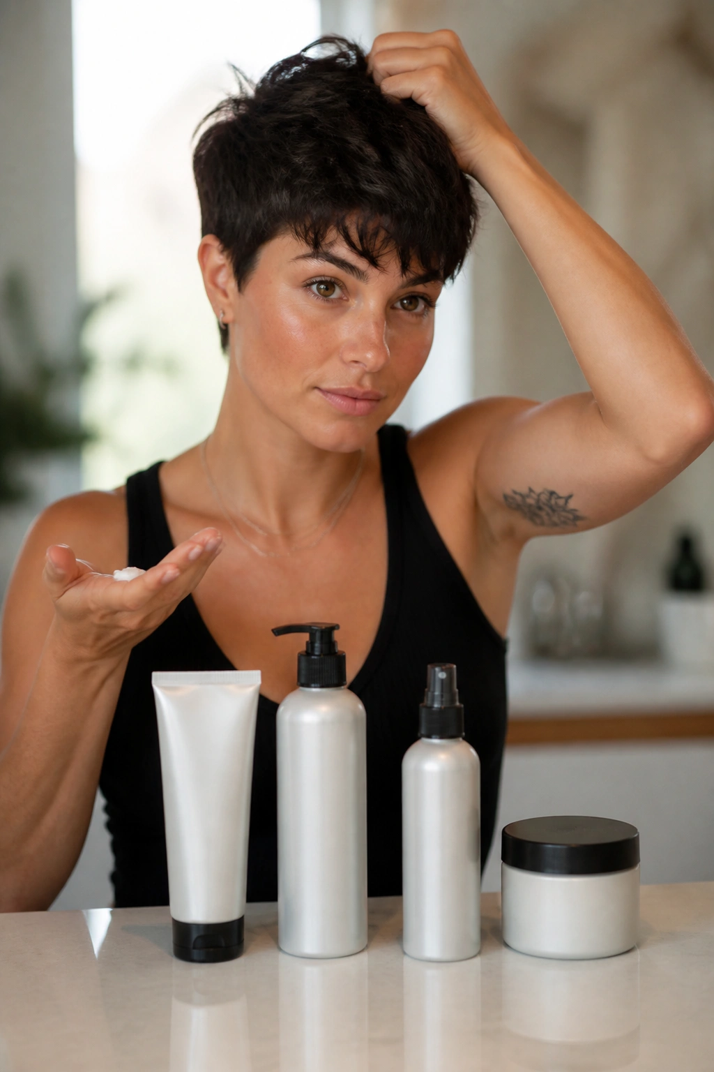 Person applying hair products to thick pixie hair