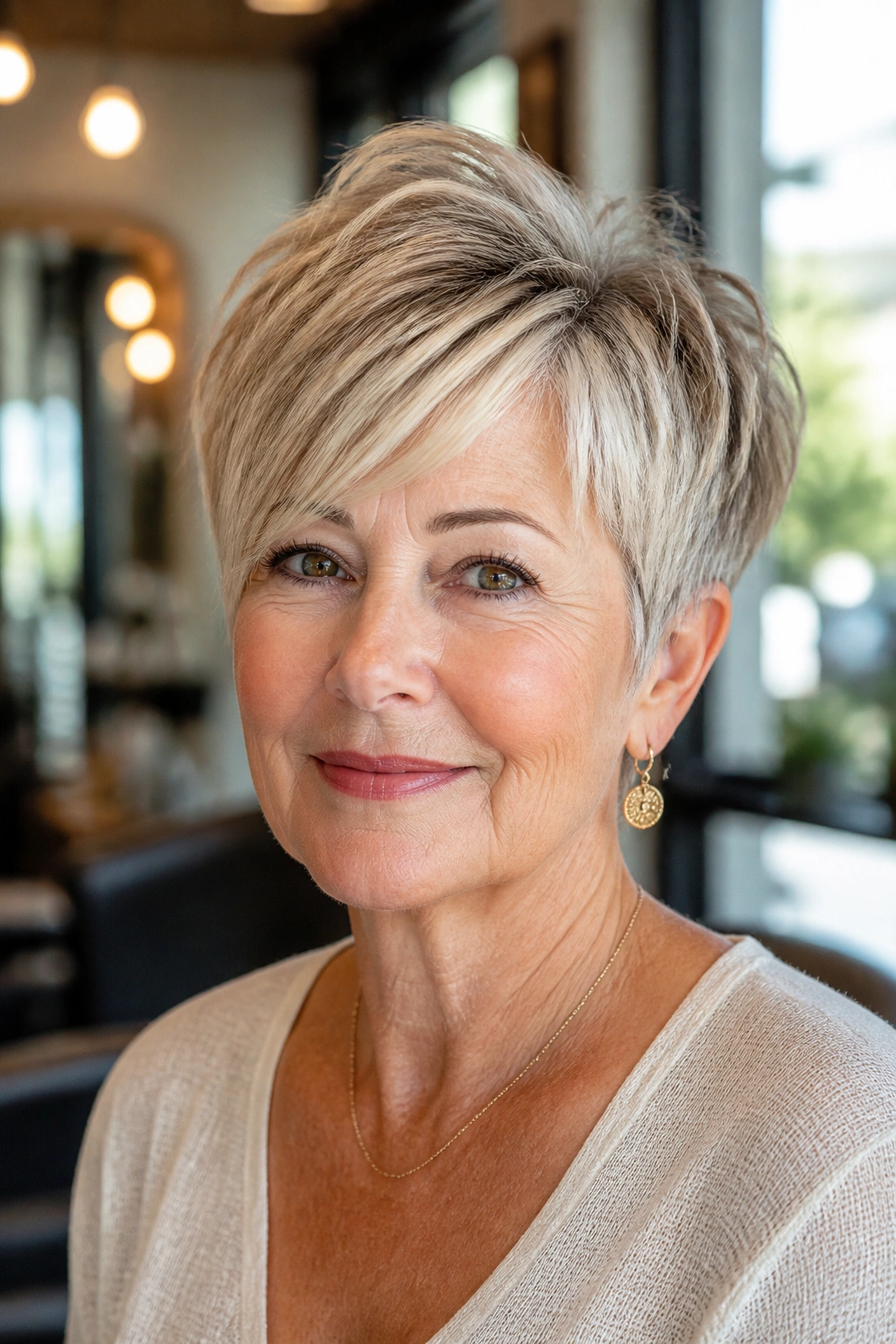 Close-up portrait of a real woman with a soft layered pixie and side-swept fringe in warm salon light