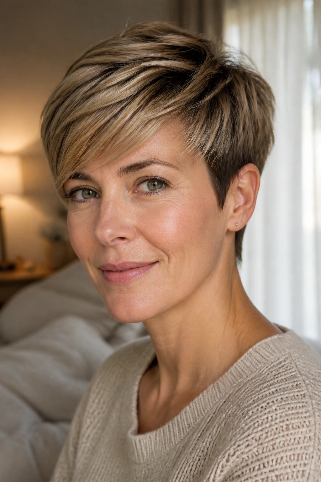 Close-up portrait of a real woman with a soft textured pixie with side bangs in natural window light