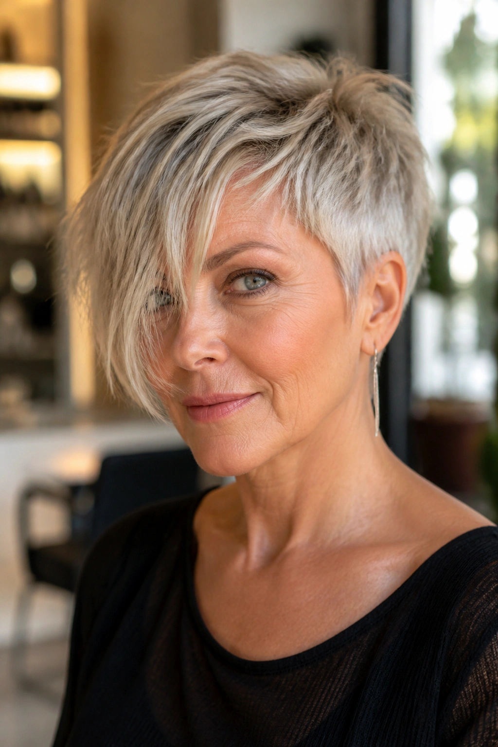 Close-up portrait of a woman with razored pixie and long fringe in warm light