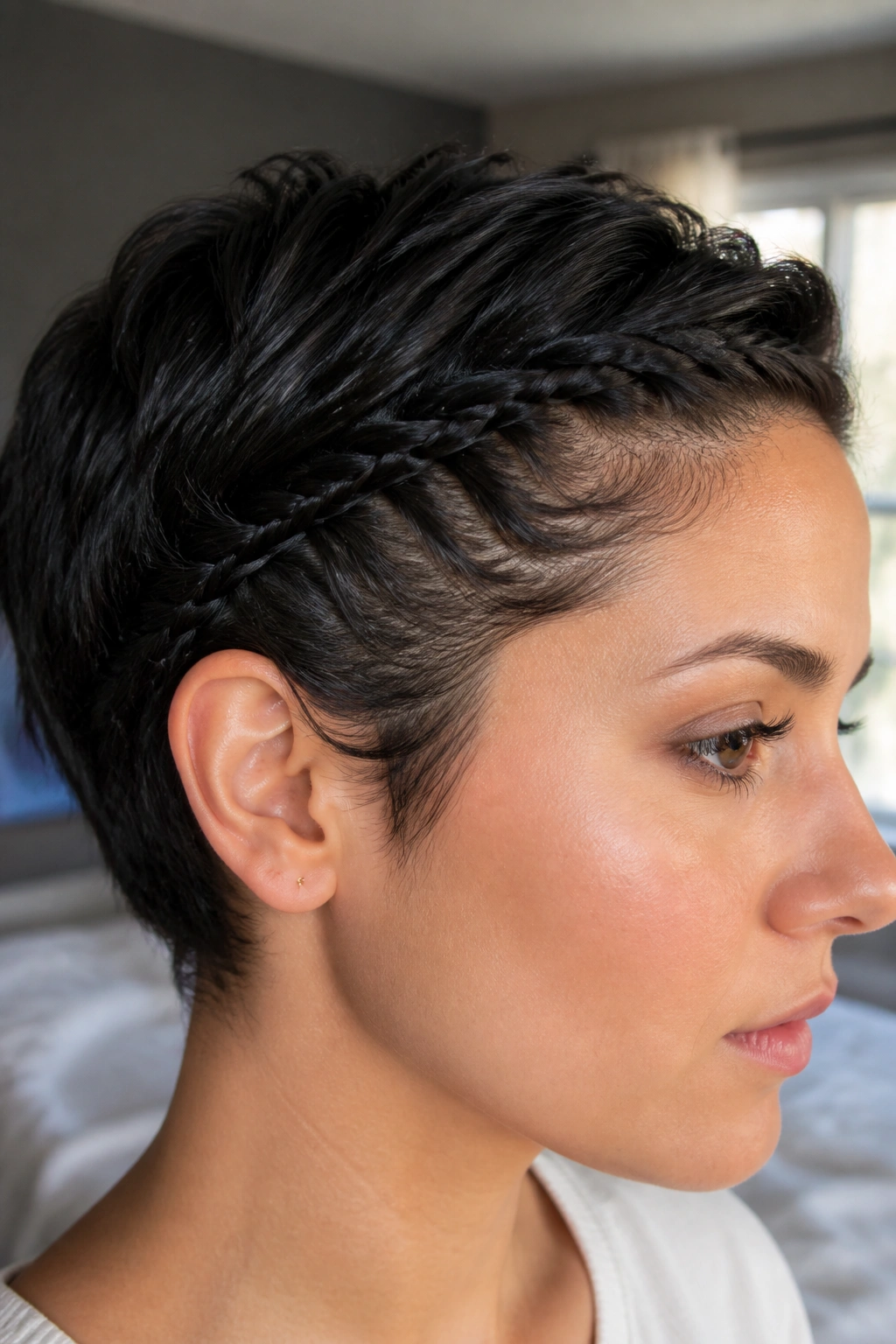 Close-up profile of pixie-cut hairstyle with side-swept micro rope twist along the hairline