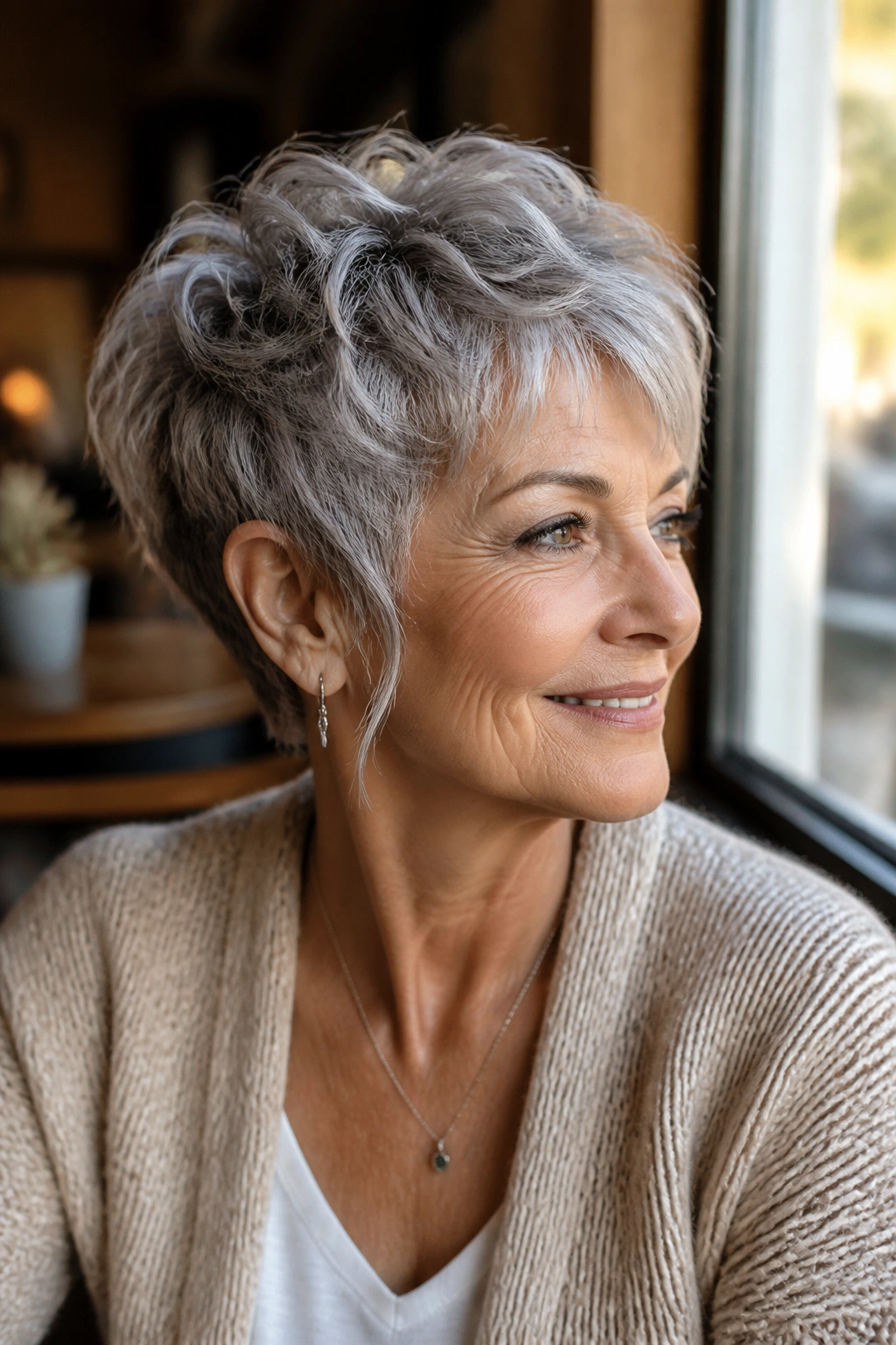 Portrait of an older woman with a pixie-shag and temple tendrils framing her face.