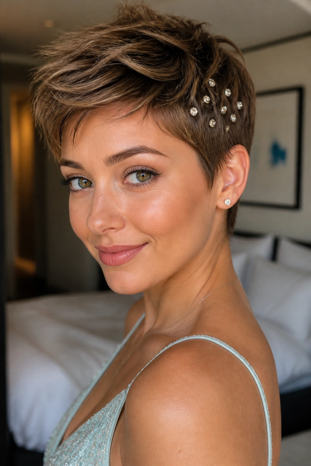 Close-up of a real woman with a textured pixie and rhinestone pins