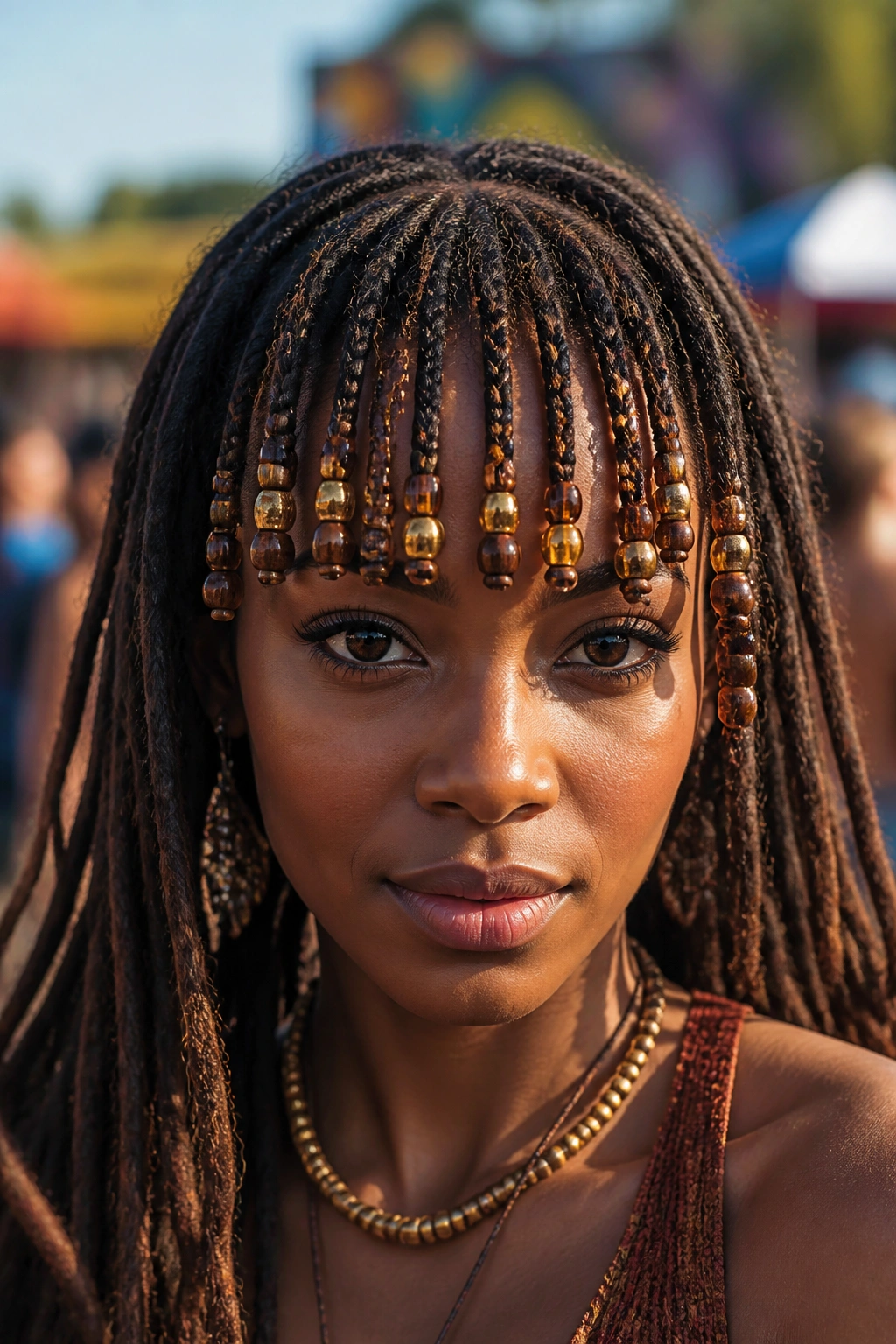 Close-up of front locs braided with beads forming bangs on a real person