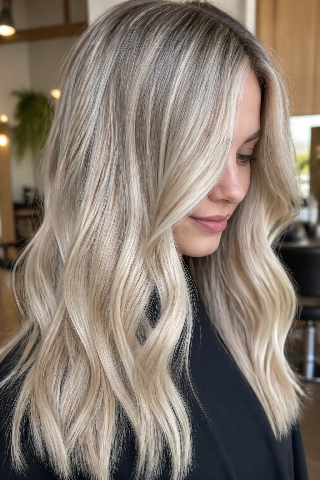 Close-up portrait of a real woman with platinum babylights showcasing subtle multi-tonal blonde