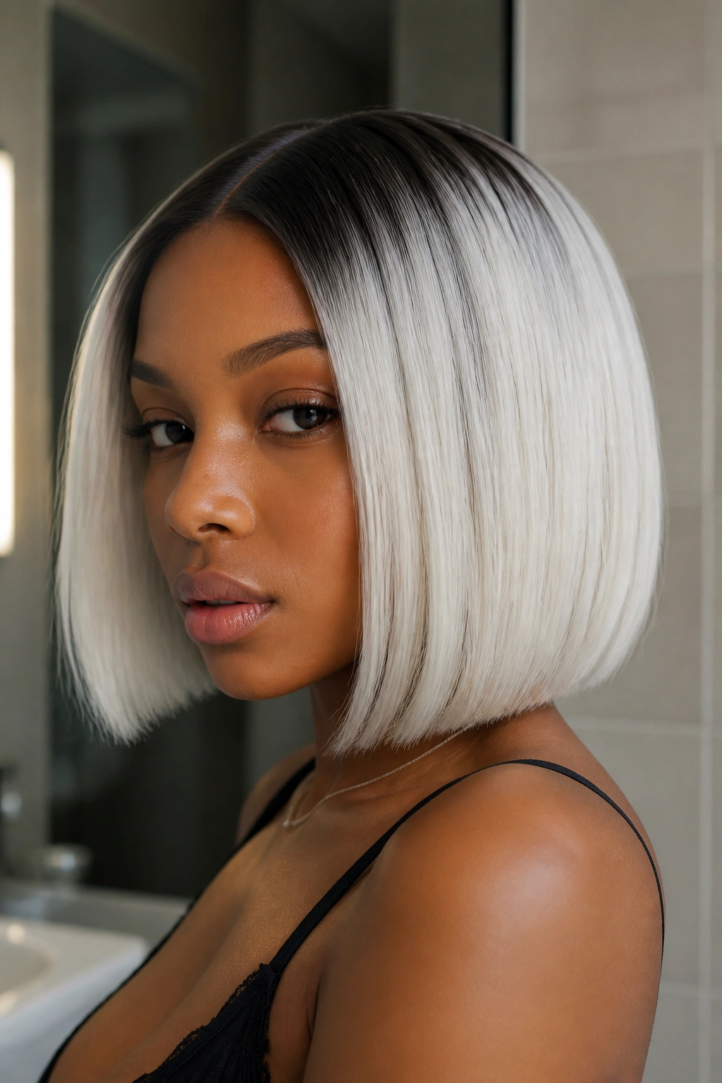 Portrait of a real woman with platinum blonde contrast bob.