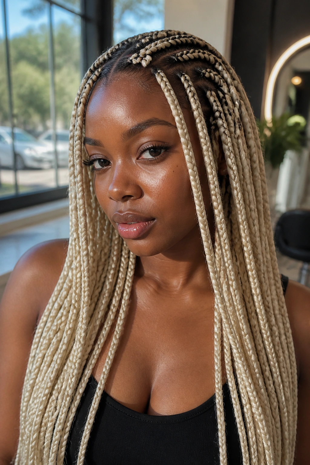 Close-up of platinum blonde box braids on dark hair worn by a real woman