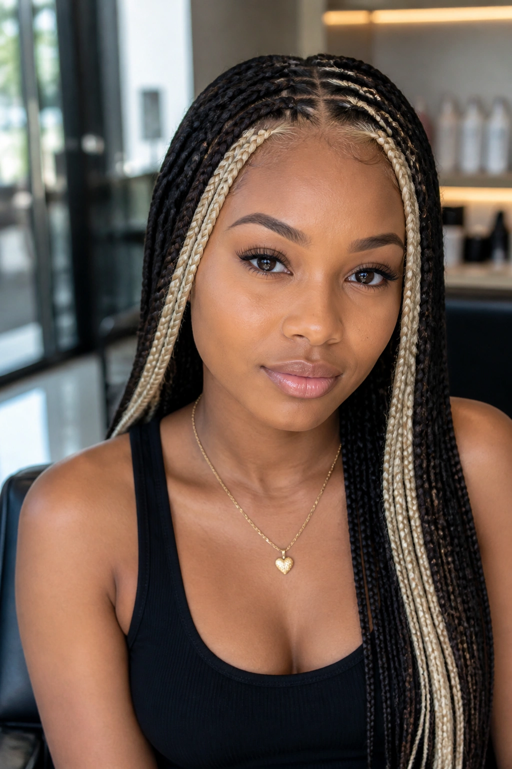 Close-up of a woman with platinum blonde edge peekaboo braids framing the face