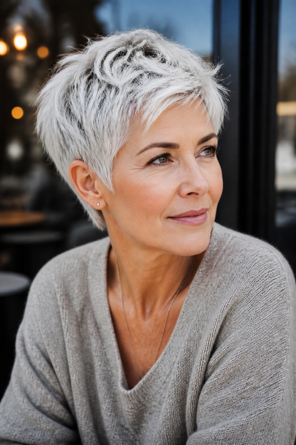 Close-up of a real person with a silver platinum textured pixie