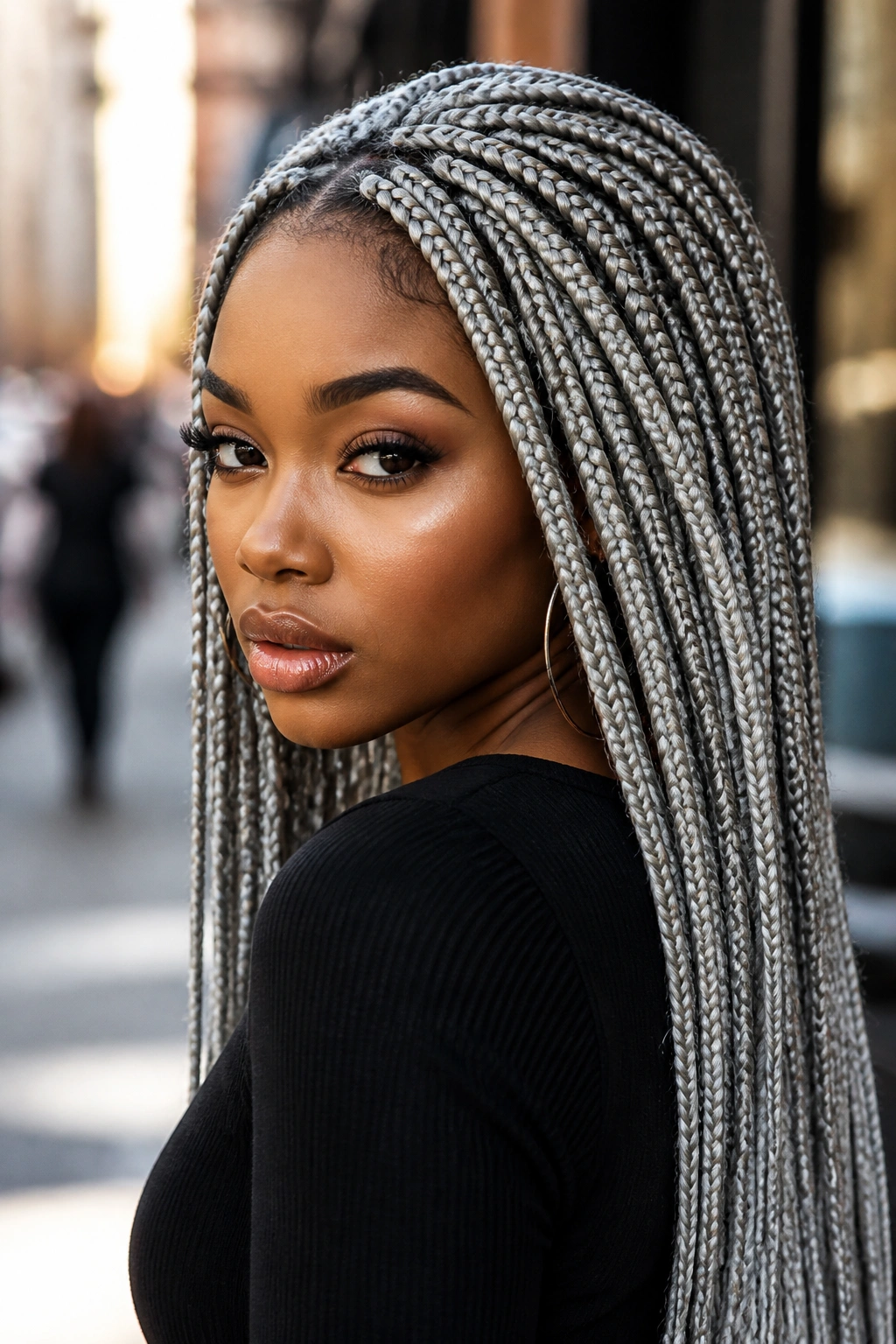 Close-up of platinum silver braids on a real person outdoors