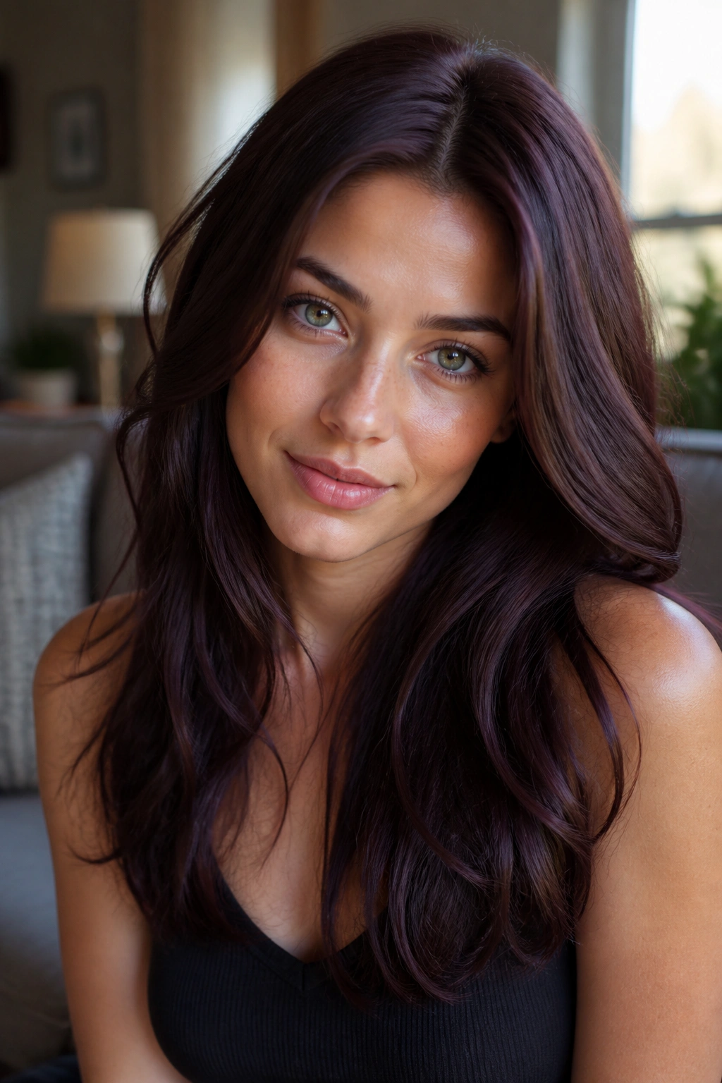 Close-up portrait of a real woman with plum brown hair and violet undertones in warm window light