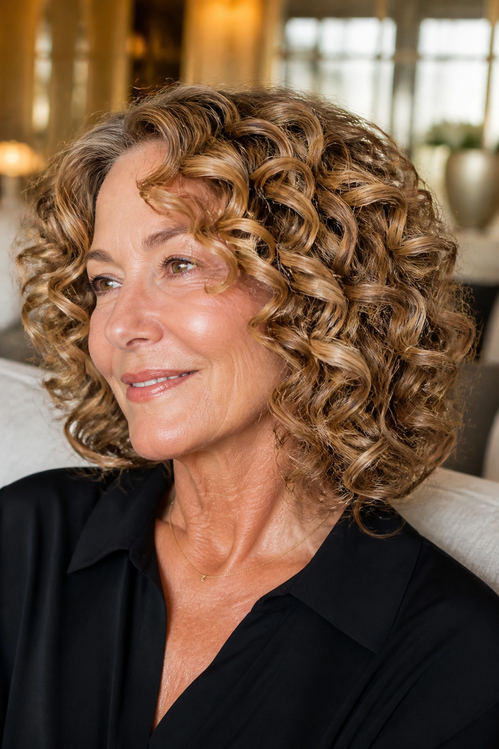Real woman with glossy, uniform barrel curls in upscale interior lighting