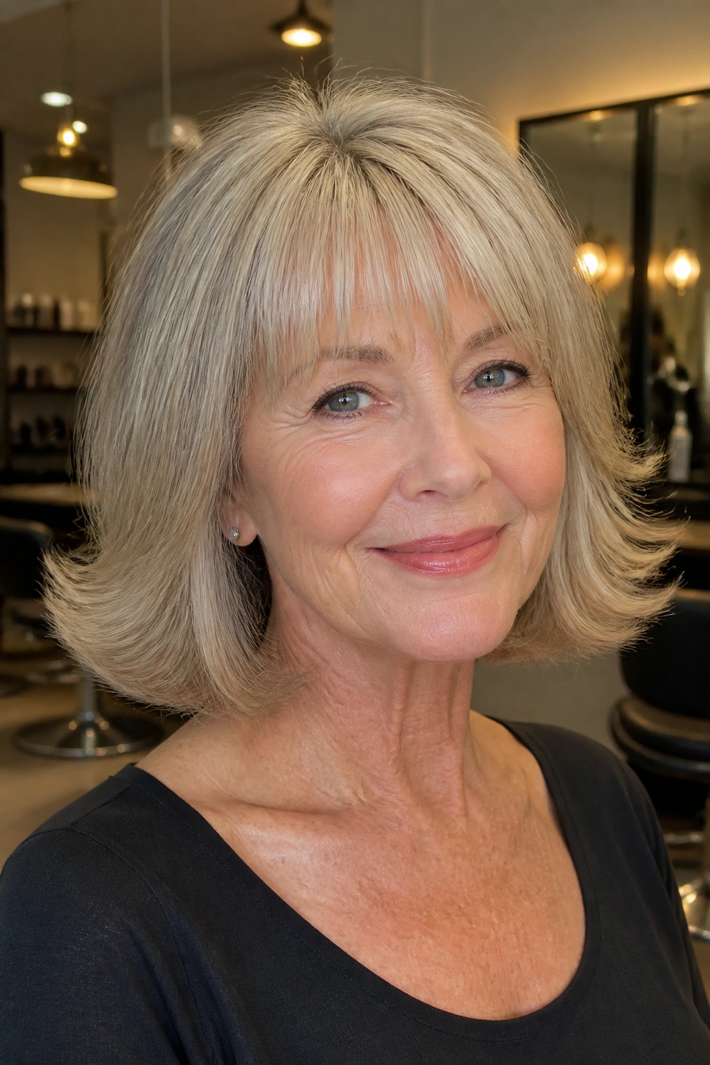 Close-up of a woman with a polished flip hairstyle and bangs