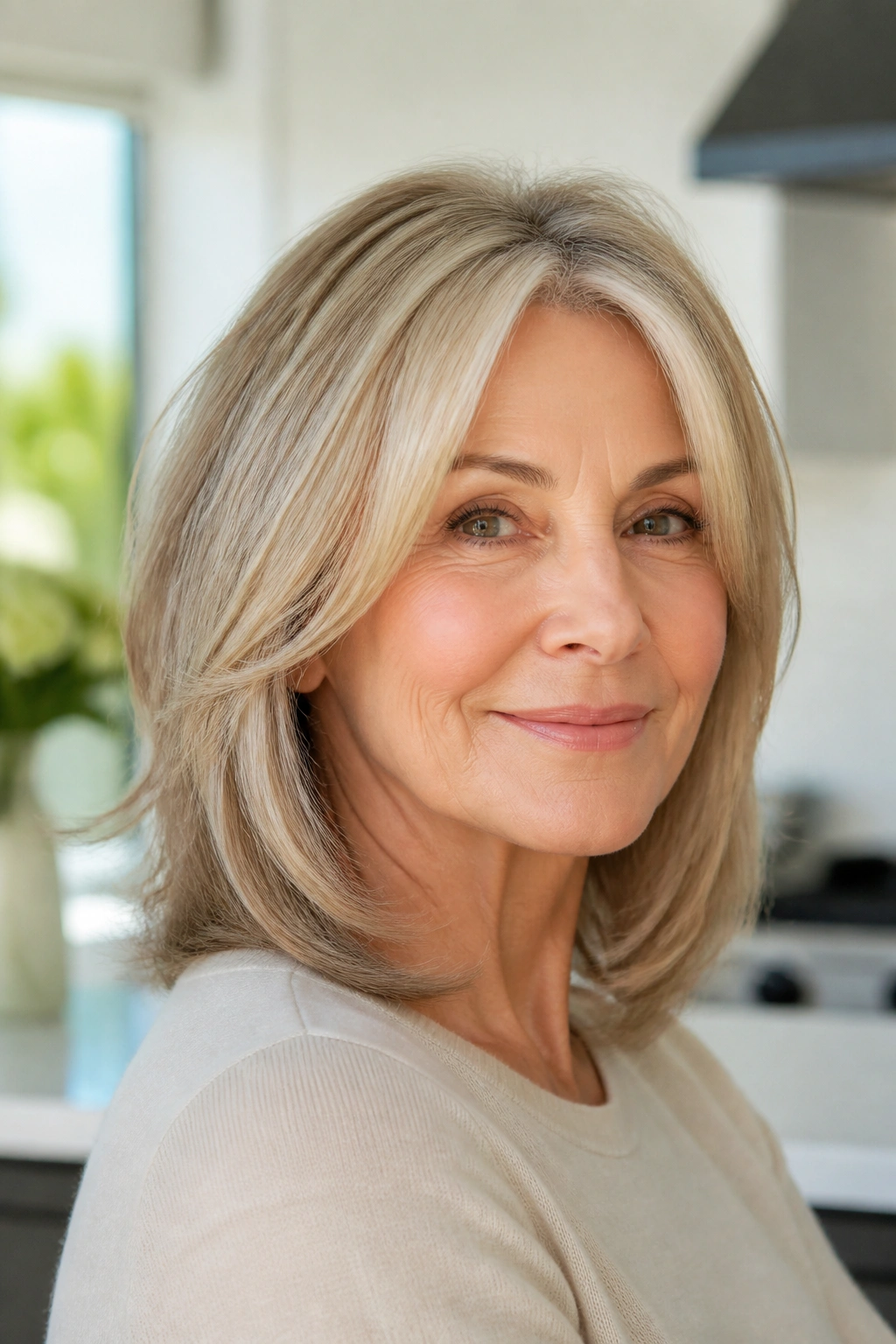Close-up of a real woman with polished mid-length layered haircut