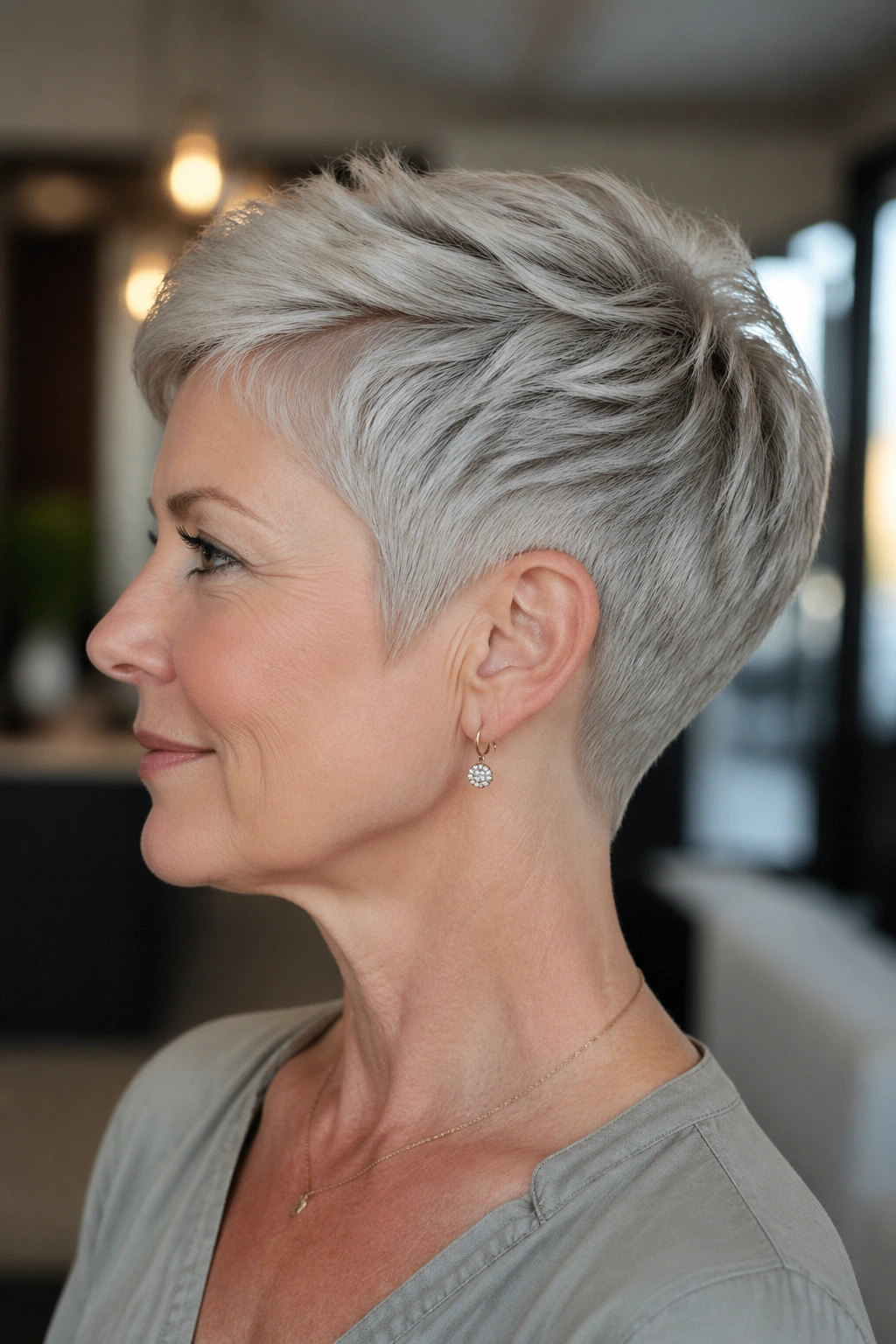 Portrait of a real woman with a polished pixie and tapered neck, close-up highlighting clean lines and lift